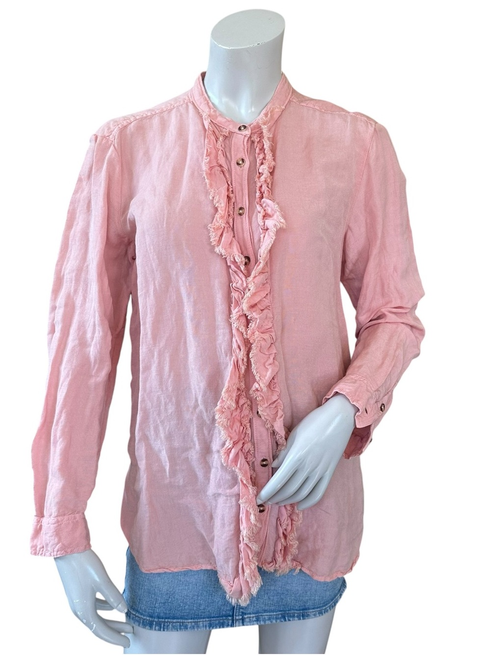 Anthropologie Pilcro Peach Pink Linen Blend Button Down Ruffle Blouse Medium